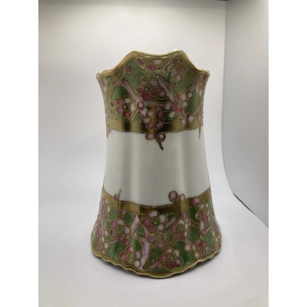 Antique Nippon Hand Painted Moriage Floral Pitcher Gold Gilt‎ Porcelain Cottage